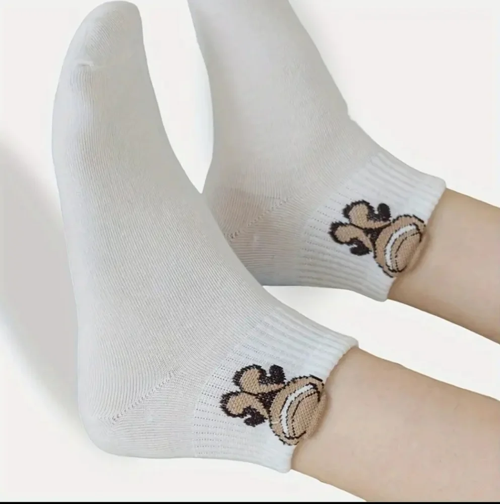 Brown Bear White Ankle Socks  5 Pairs